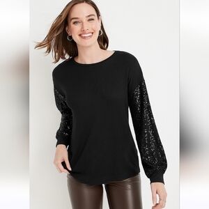 Maurcies Sequin Sleeve Drop Shoulder Blouse in Black, Size XL